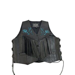 A-1 Genuine Leather womans black Fringe Blue Floral Embroidery vest XXS SKU 8754